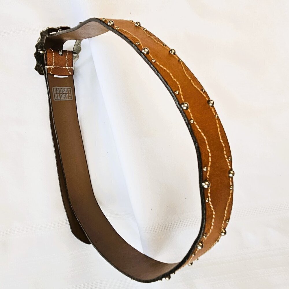 Faded Glory Women's Western Cowgirl Tan Studded Belt Vintage Buckle - Picture 2 of 6